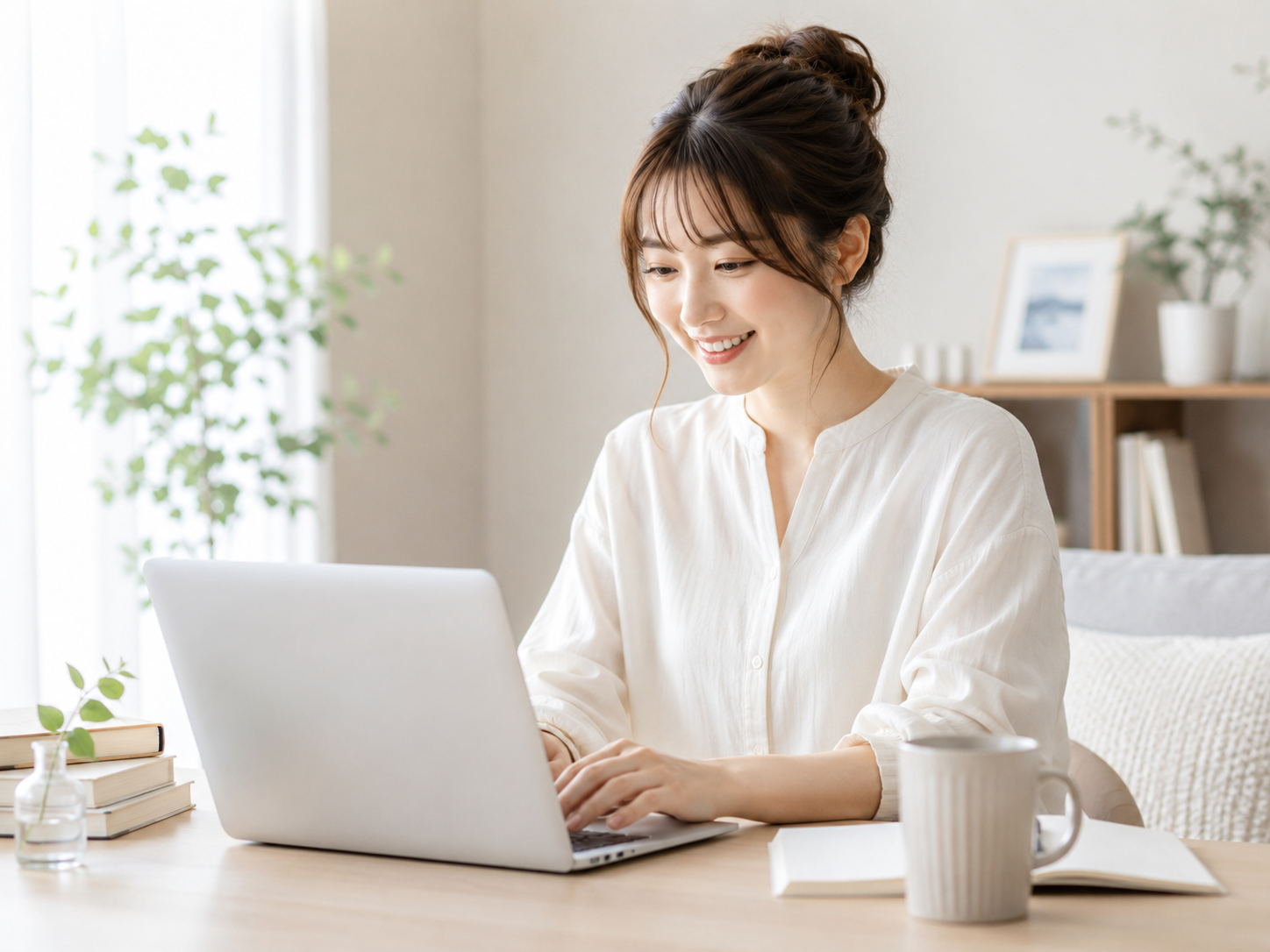 自宅でパソコンを使いながら生成AIを学ぶ女性